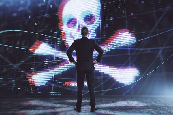 Hombre y piratería icono holograma. Doble exposición. Concepto de seguridad de los datos — Foto de Stock