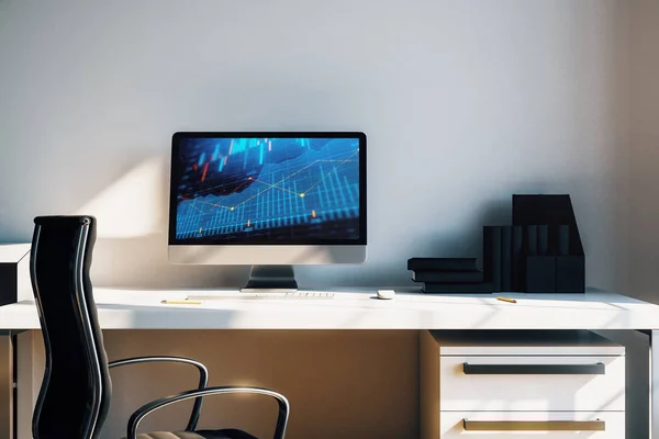 Интерьер рабочего стола кабинета с финансовыми графиками и графиками на экране компьютера. Концепция анализа и торговли фондовым рынком. 3d-рендеринг . — стоковое фото