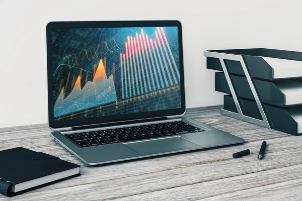 Laptop close-up met Forex Graph op het computerscherm. Financieel handels-en onderwijsconcept. 3D-rendering. — Stockfoto