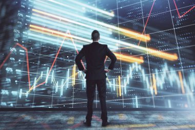 İşadamı ve forex grafik hologramı. Çifte pozlama. Finansal eğitim ve analiz kavramı