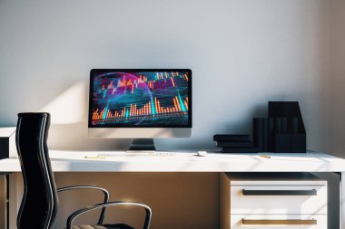 Bilgisayar ekranında Finans çizelgeleri ve dünya haritası ile kabine masaüstü iç. Uluslararası piyasa analizi ve ticaret kavramı. 3B işleme.