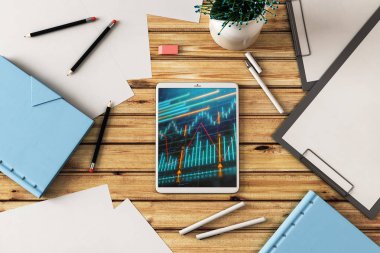 Dijital tablet ekranda mali grafik ile üst görünüm çekim. Online işlem uygulama konsepti. 3B işleme.