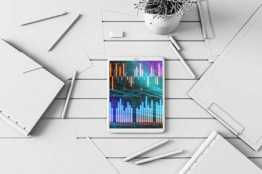Dijital tablet ekranda mali grafik ile üst görünüm çekim. Online işlem uygulama konsepti. 3B işleme.
