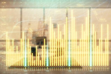 Minimalist kabine iç arka plan ile iş teması grafik hologram. Çift pozlama. Hisse senedi piyasası konsepti.