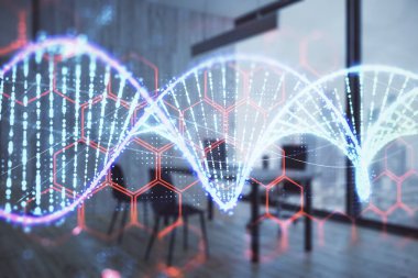 Minimalist dolap iç arka plan ile DNA hologramı. Çifte pozlama. Eğitim kavramı.