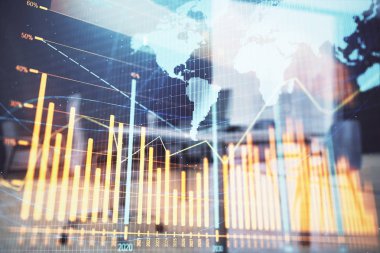 Harita ve minimalist kabine iç arka plan ile Forex grafik hologram. Çifte pozlama. Uluslararası iş kavramı.