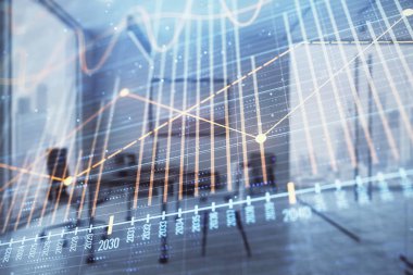 Minimalist kabine iç arka plan ile iş teması grafik hologram. Çift pozlama. Hisse senedi piyasası konsepti.