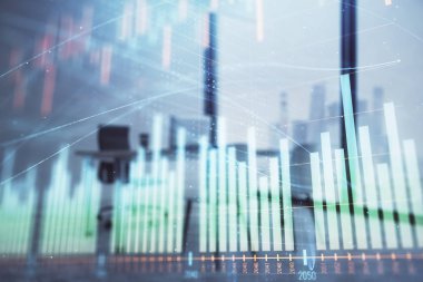 Minimalist kabine iç arka plan ile iş teması grafik hologram. Çift pozlama. Hisse senedi piyasası konsepti.