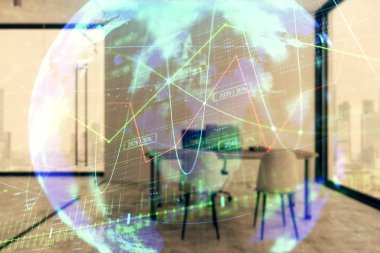 Harita ve minimalist kabine iç arka plan ile Forex grafik hologram. Çifte pozlama. Uluslararası iş kavramı.