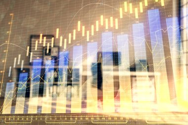 Minimalist kabine iç arka plan ile Forex grafik hologram. Çift pozlama. Hisse senedi piyasası konsepti.