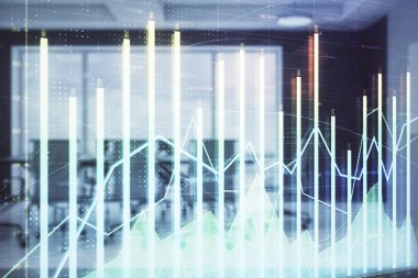 Konferans odası arka planda Forex çizelgesine çift pozlama. Hisse senedi piyasası analizi konsepti