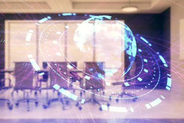 Konferans odası arka planda dünya hologram çift pozlama. Uluslararası iş konsepti