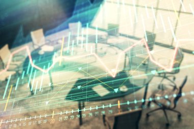 Konferans odası arka planda Forex çizelgesine çift pozlama. Hisse senedi piyasası analizi konsepti