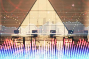 Konferans odası arka planda Forex çizelgesine çift pozlama. Hisse senedi piyasası analizi konsepti