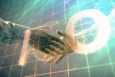 İki erkek el sıkışma ile soyut arka plan üzerinde bitcoin işareti çoklu pozlama. Kripto para birimi kavramı