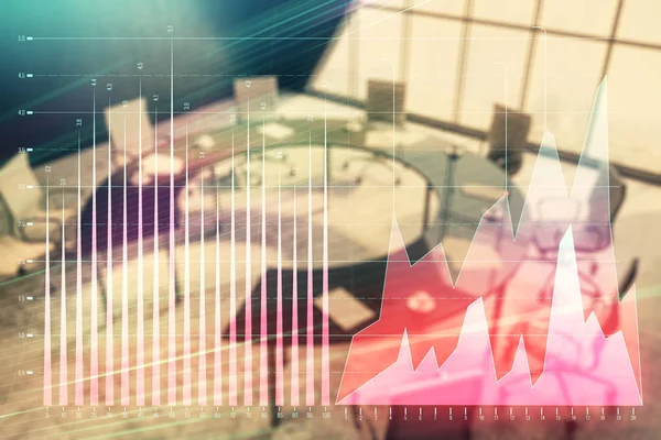 Doppelbelichtung des Devisendiagramms auf dem Konferenzraum-Hintergrund. Konzept der Aktienmarktanalyse — Stockfoto