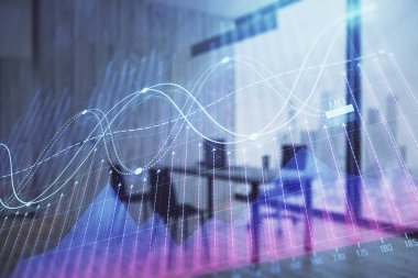 Minimalist kabine iç arka plan ile iş teması grafik hologram. Çift pozlama. Hisse senedi piyasası konsepti.