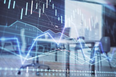 Minimalist kabine iç arka plan ile iş teması grafik hologram. Çift pozlama. Hisse senedi piyasası konsepti.