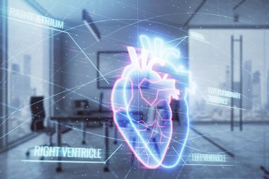 Minimalist dolap iç arka plan ile Kalp hologramı. Çifte pozlama. Tıp eğitimi kavramı.