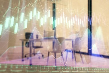 Minimalist kabine iç arka plan ile Forex grafik hologram. Çift pozlama. Hisse senedi piyasası konsepti.