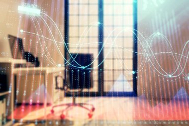 Minimalist kabine iç arka plan ile Forex grafik hologram. Çift pozlama. Hisse senedi piyasası konsepti.