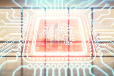 Boş oda iç arka planda beyin çizimleri hologram çift pozlama. Veri kavramı.