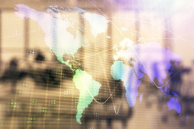 Arka planda ticaret masası banka ofisi iç dünya haritası. Çoklu pozlama. Uluslararası finans kavramı