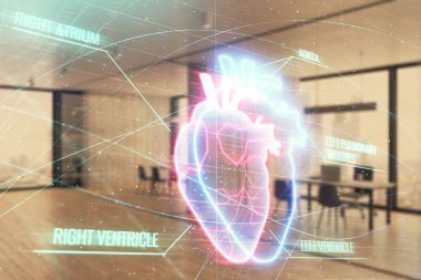 Arka planda ofis iç ile Kalp çizim. Çifte pozlama. Tıp eğitimi kavramı