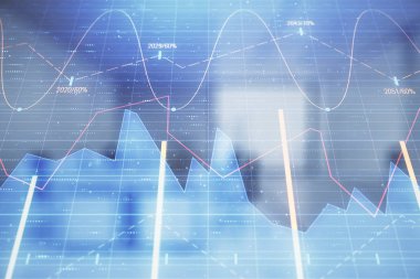 Ticaret masası banka ofisi iç arka planda stok piyasa şeması. Çift pozlama. Finansal analiz konsepti