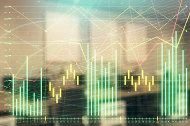 Ticaret masası banka ofisi iç arka planda stok piyasa şeması. Çift pozlama. Finansal analiz konsepti
