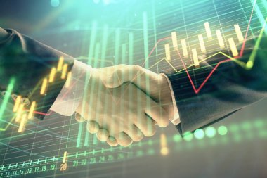İki işadamı el sıkışması ile soyut arka planda Forex grafik Multi pozlama. Hisse senedi piyasasında başarı kavramı