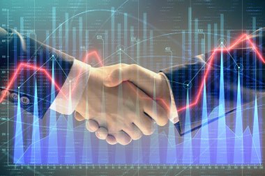 İki işadamı el sıkışması ile soyut arka planda Forex grafik Multi pozlama. Hisse senedi piyasasında başarı kavramı