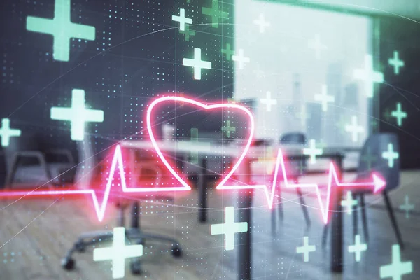 Heart hologram with minimalistic cabinet interior background. Double exposure. Medical education concept.