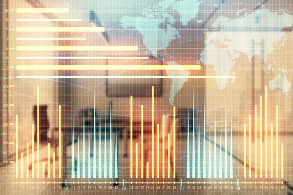 Forex chart hologram with map and minimalistic cabinet interior background. Double exposure. International business concept.