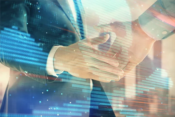 Multi exposure of digital crime theme hologram on city view background with two people handshake. Concept of securitization