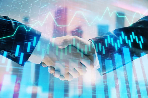 Double exposure of financial graph on cityscape background with two businessman handshake. Concept of stock market deal — Stock Photo, Image