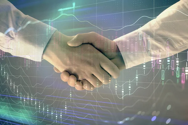 Multi exposure of forex graph on abstract background with two businessmen handshake. Concept of success on stock market — Stock Photo, Image