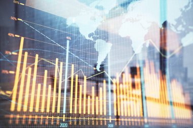 Harita ve minimalist kabine iç arka plan ile Forex grafik hologram. Çifte pozlama. Uluslararası iş kavramı.
