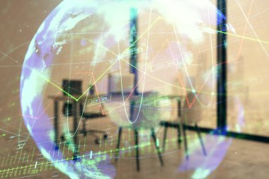 Harita ve minimalist kabine iç arka plan ile Forex grafik hologram. Çifte pozlama. Uluslararası iş kavramı.