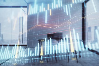 Minimalist kabine iç arka plan ile Forex grafik hologram. Çift pozlama. Hisse senedi piyasası konsepti.