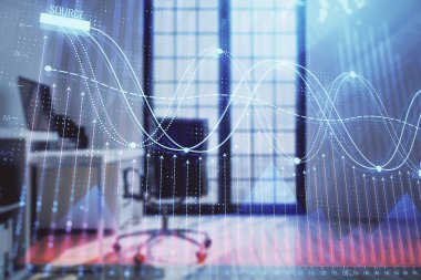 Minimalist kabine iç arka plan ile Forex grafik hologram. Çift pozlama. Hisse senedi piyasası konsepti.