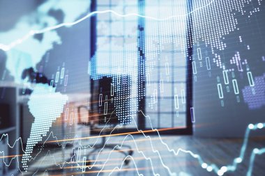 Harita ve minimalist kabine iç arka plan ile Forex grafik hologram. Çifte pozlama. Uluslararası iş kavramı.