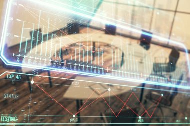 Konferans odası iç arka plan üzerinde İş tema hologram. Çifte pozlama. İş dünyasında beyin fırtınası kavramı.