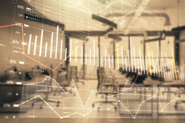 Arka planda ticaret masası banka Ofisi İç ile stok ve tahvil piyasa grafiği. Çok pozlama. Finansal analiz konsepti