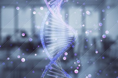 Arka planda ofis iç ile DNA çizim. Çifte pozlama. Eğitim kavramı