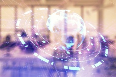 Arka planda ticaret masası banka ofisi iç dünya haritası. Çoklu pozlama. Uluslararası finans kavramı