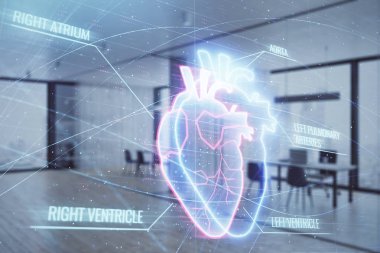 Arka planda ofis iç ile Kalp çizim. Çifte pozlama. Tıp eğitimi kavramı