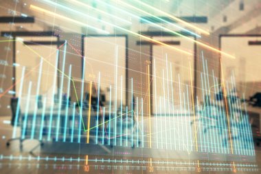 Ticaret masası banka ofisi iç arka planda stok piyasa şeması. Çift pozlama. Finansal analiz konsepti