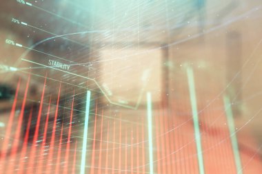 Ticaret masası banka ofisi iç arka planda stok piyasa şeması. Çift pozlama. Finansal analiz konsepti