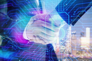 El sıkışması ile Cityscape arka planda kripto ekonomisi Tema çizim çift pozlama. Ortaklık ve Blockchain konsepti